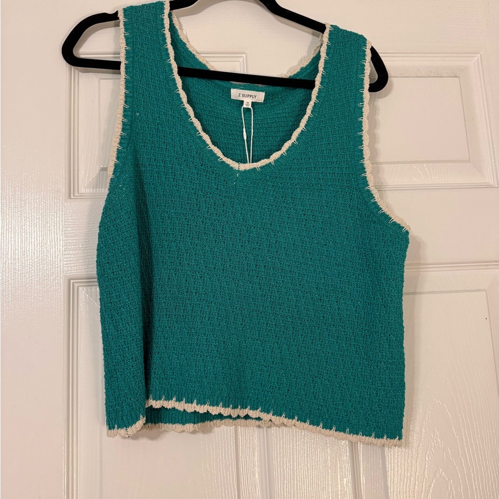 Z Supply Teal Knit Tank with Cream Fringe Trim